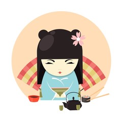 Japanese geisha character in kimono clothing and tea ceremony banner vector illustration. Asian Lady sitting at table with teapot, cups and sushi with chopsticks on fan background.