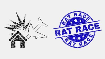 Pixelated airplane disaster mosaic pictogram and Rat Race seal stamp. Blue vector round textured seal with Rat Race title. Vector collage in flat style.
