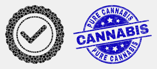 Dotted approve seal mosaic pictogram and Pure Cannabis watermark. Blue vector round grunge seal stamp with Pure Cannabis phrase. Vector collage in flat style.