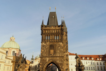 Fototapeta na wymiar Prague (Czech Republic). Defensive tower of the Old Town on the Charles Bridge in Prague