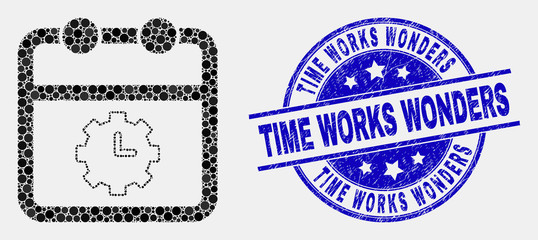 Pixelated calendar time options mosaic pictogram and Time Works Wonders seal stamp. Blue vector round scratched seal stamp with Time Works Wonders message. Vector composition in flat style.
