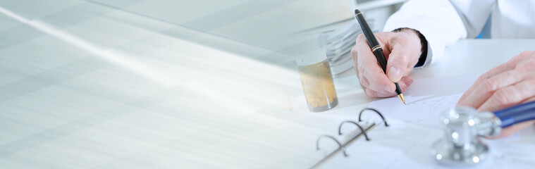 Doctor writing prescription; panoramic banner