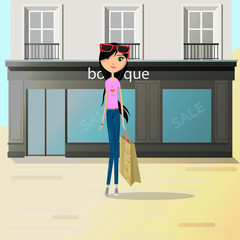 The girl goes shopping and enjoys discounts