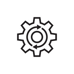 Gear cogwheel with arrows - black vector icon on white background for website, mobile application, presentation, infographic. SEO setting concept sign design. Line art style. 