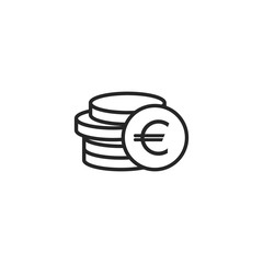 Stack of euro coins with coin in front of it. Flat black icon. Isolated on white. - obrazy, fototapety, plakaty