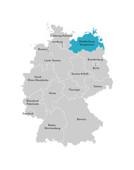 Obraz premium Vector isolated illustration of simplified administrative map of Germany. Blue silhouette of Mecklenburg-Vorpommern(state). Grey silhouettes. White outline