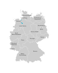 Vector isolated illustration of simplified administrative map of Germany. Blue silhouette of Bremen (state). Grey silhouettes. White outline