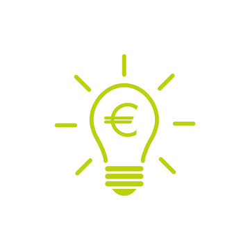 Green bulb with rays and euro sign flat icon. Isolated on white. Electric Light Price icon.
