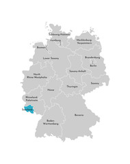 Vector isolated illustration of simplified administrative map of Germany. Blue silhouette of Saarland (state). Grey silhouettes. White outline