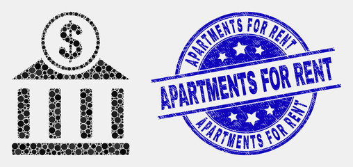 Pixel dollar bank office mosaic pictogram and Apartments for Rent watermark. Blue vector rounded grunge watermark with Apartments for Rent phrase. Vector composition in flat style.