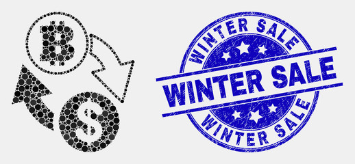 Pixel dollar bitcoin exchange mosaic pictogram and Winter Sale stamp. Blue vector rounded textured stamp with Winter Sale caption. Vector collage in flat style.
