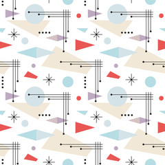 Mid-century modern art vector background. Abstract geometric seamless pattern. Decorative ornament in retro vintage design style. 