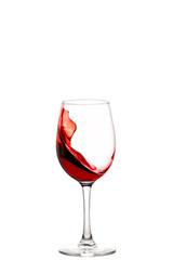 splash of red wine in glass isolated on white background.