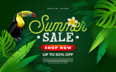 Summer Sale Design with Flower, Toucan Bird and Tropical Palm Leaves on Green Background. Vector Holiday Illustration with Special Offer Typography Letter for Coupon, Voucher, Banner, Flyer © articular
