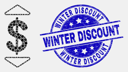 Pixelated dollar up down mosaic icon and Winter Discount seal stamp. Blue vector rounded grunge stamp with Winter Discount text. Vector collage in flat style.