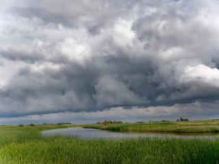 storm clouds over the lake with reeds
