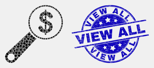 Dotted financial audit mosaic icon and View All seal stamp. Blue vector rounded scratched seal stamp with View All caption. Vector combination in flat style.