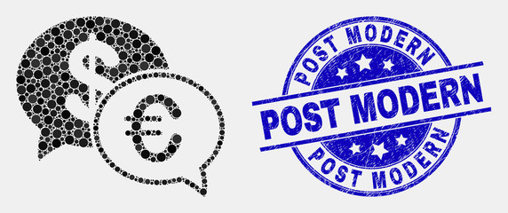 Pixelated financial chat mosaic pictogram and Post Modern stamp. Blue vector round textured seal stamp with Post Modern message. Vector composition in flat style.