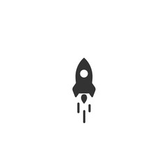 Rocket ship with fire. Isolated on white. Flat icon. Vector illustration with flying rocket.
