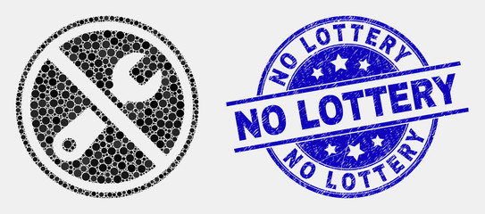 Pixelated forbidden repair mosaic icon and No Lottery seal stamp. Blue vector rounded grunge watermark with No Lottery phrase. Vector collage in flat style.