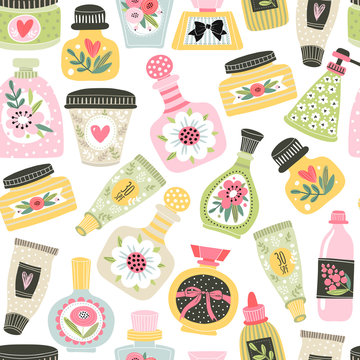 Seamless pattern with cosmetics in bottles and tubes. Cartoon style