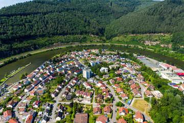 Fototapeta na wymiar Aerial view Hirschhorn and Ersheim at river Neckar, Odenwald, Hesse, Germany