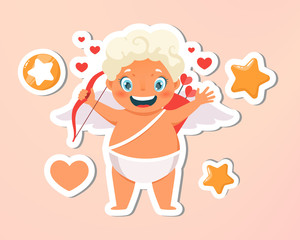 Greeting card. Holiday, event, festive letter. Beautiful happy cupid flying in clouds. Blonde angel holding arrow with bows. Vecor illustration. Isolated on bright pink background