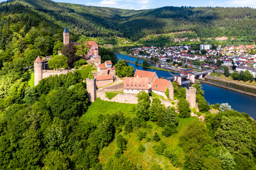 Fototapeta na wymiar Aerial view, Castle Hirschhorn at river Neckar, Odenwald, Hesse, Germany,