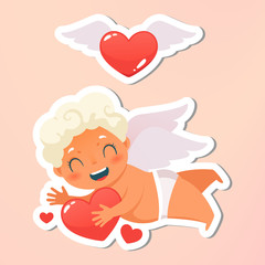 Greeting card. Valentines Day card and letter. Holiday, event, wedding, festive banner. Beautiful happy cupid flying in clouds. Angel holding love heart. Vecor illustration. Isolated on background