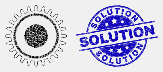 Dotted gear mosaic icon and Solution seal. Blue vector rounded grunge seal stamp with Solution caption. Vector composition in flat style. Black isolated gear mosaic of scattered spheres,