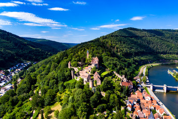 Aerial view, Castle Hirschhorn at river Neckar, Odenwald, Hesse, Germany, © David Brown