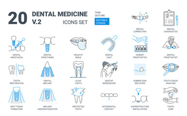 Dental Prosthesis Icon Set in Flat Outline Style