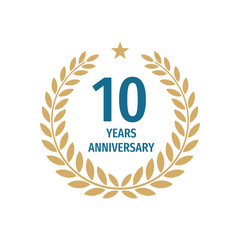 10 th years anniversary badge design with a laurel wreath. Ten years birthday logo emblem. 