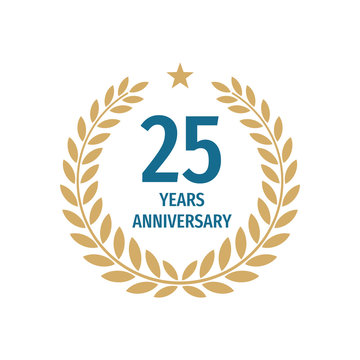 25th years anniversary badge design with a laurel wreath. Twenty five years birthday logo emblem. 