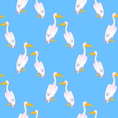 A couple of pink pelicans. Waterfowl. A large gregarious waterbird with a long bill. Seamless pattern for fabric, for wallpaper, for surface design.