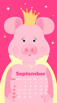Monthly Calendar for September 2020. Cute cartoon pig princess in a golden crown and cloak. Week start on Sunday. Funny animal