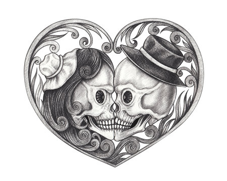 Art Couple Kiss Skull Tattoo. Hamd drawing on paper.