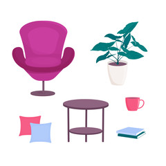 Fototapeta premium Chair furniture armchair with pillow and table isolated on white background, vector, cartoon style. Green leafy plant in a pot. Interior items for a cozy home