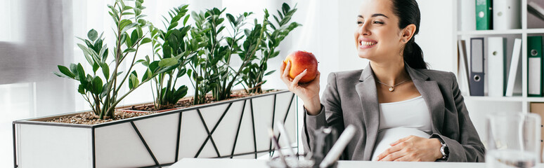 panoramic shot of happy pregnant woman eating apple while sitting in office