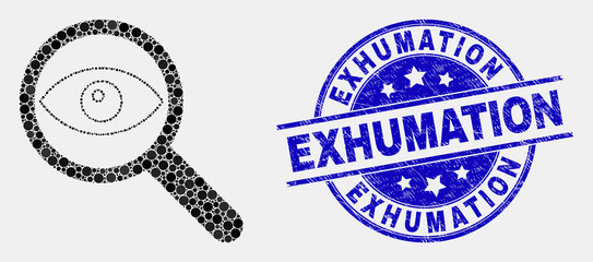 Dot investigate mosaic icon and Exhumation seal stamp. Blue vector round grunge seal stamp with Exhumation text. Vector collage in flat style. Black isolated investigate mosaic of randomized spheres,
