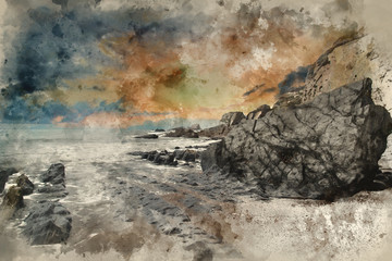 Digital watercolour painting of Landscape seascape of jagged and rugged rocks on coastline