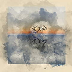Digital watercolour painting of Conceptual image of single tree in still water with sunburst