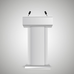 Gray stage stand or debate podium rostrum with microphones  for speaker. 3d realistic tribune  icons.
