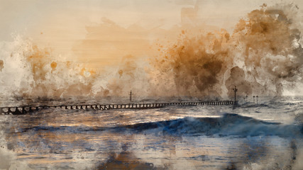 Digital watercolour painting of Beautiful dramatic stormy landscape image of waves crashing onto beach at sunrise