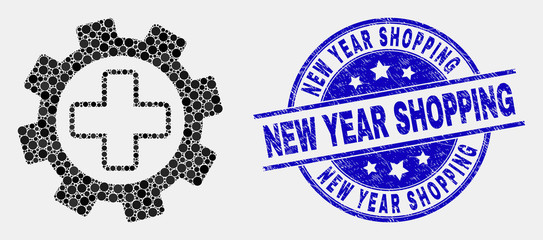 Pixel medical settings mosaic icon and New Year Shopping watermark. Blue vector round scratched watermark with New Year Shopping text. Vector combination in flat style.