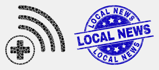 Fototapeta premium Dot medical source mosaic icon and Local News stamp. Blue vector round textured seal stamp with Local News message. Vector composition in flat style.
