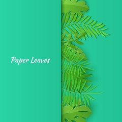 Vertical border of summer tropical leaves in paper cut style. Craft jungle plants collection on green background. Creative vector card illustration in paper cutting art style.