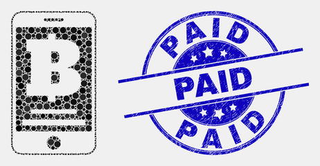 Pixelated mobile bank mosaic pictogram and Paid seal stamp. Blue vector round scratched seal stamp with Paid title. Vector composition in flat style.