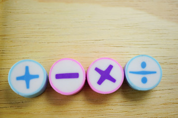 Math Number colorful on wooden background : Education study mathematics learning teach concept.