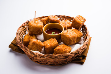 Crispy Paneer popcorn is a popular party snack and an appetiser. selective focus